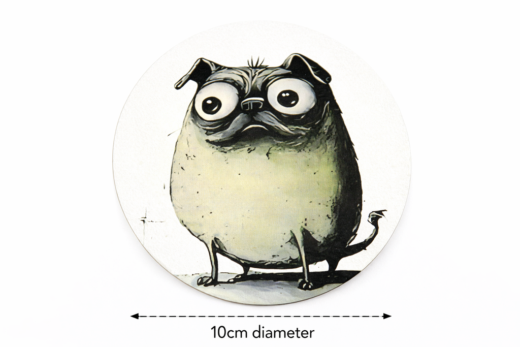 Novelty Coffee/Tea Coasters with Cartoon Pug & Friends Dog Print Wooden 6 Pieces Set