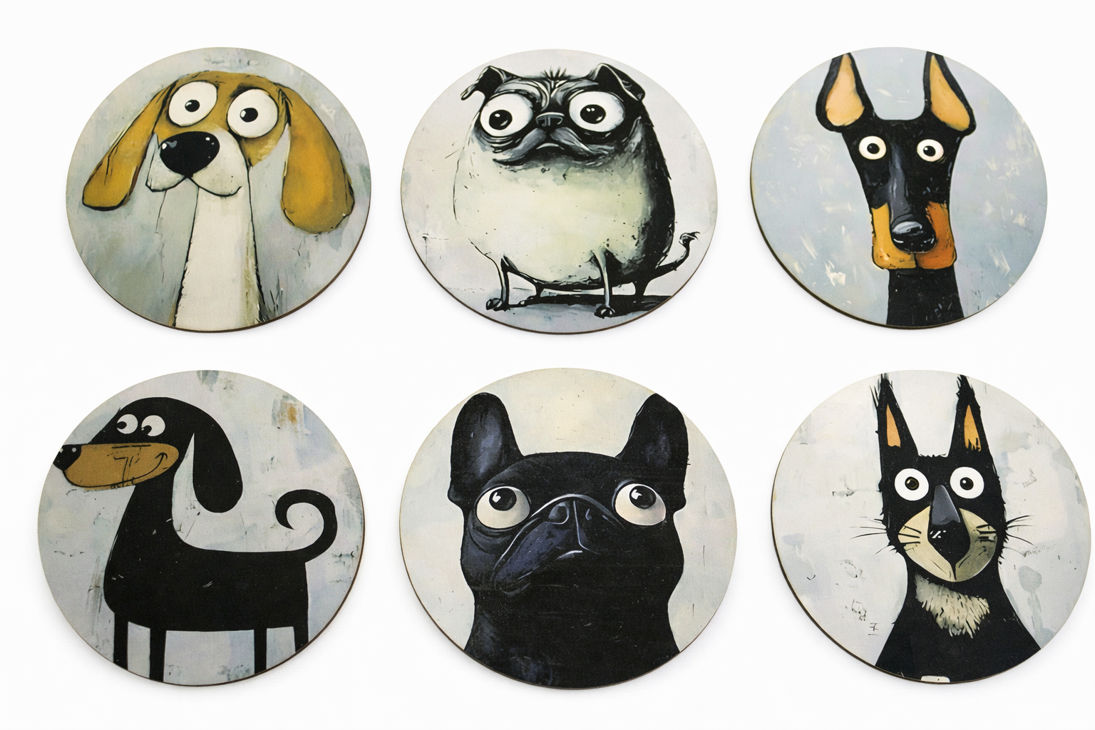 Novelty Coffee/Tea Coasters with Cartoon Pug & Friends Dog Print Wooden 6 Pieces Set