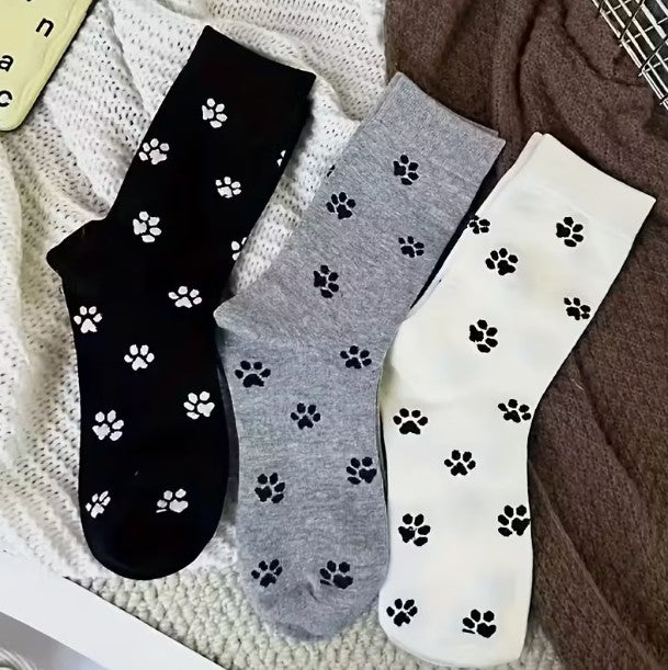 3 Pairs of Women Socks Pet Paw Prints Cute Mid-Calf Socks One-Size