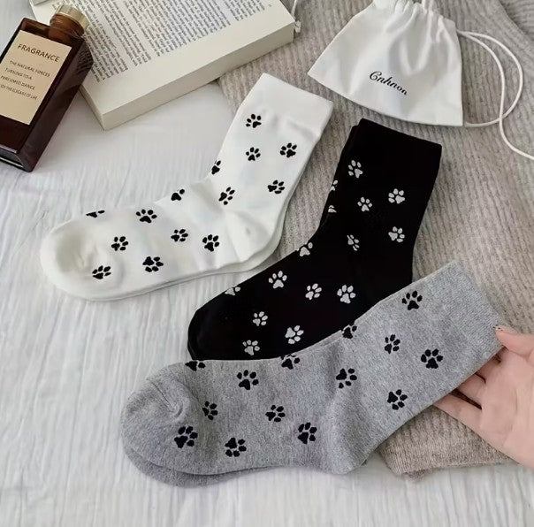 3 Pairs of Women Socks Pet Paw Prints Cute Mid-Calf Socks One-Size