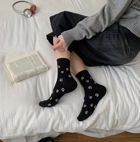 3 Pairs of Women Socks Pet Paw Prints Cute Mid-Calf Socks One-Size