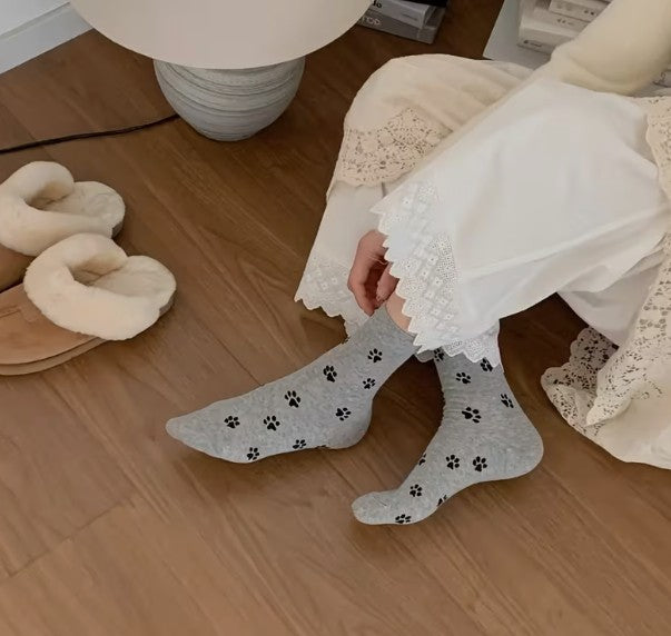3 Pairs of Women Socks Pet Paw Prints Cute Mid-Calf Socks One-Size