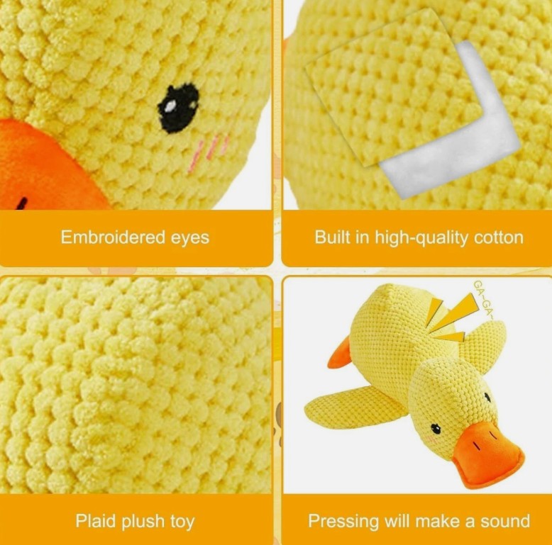 Plush Duck Dog Toy Chew Proof Yellow Squeaky Interactive Quacking Sound